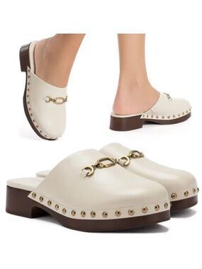 Larroude Cream Studded Leather Mule with Gold Hardware